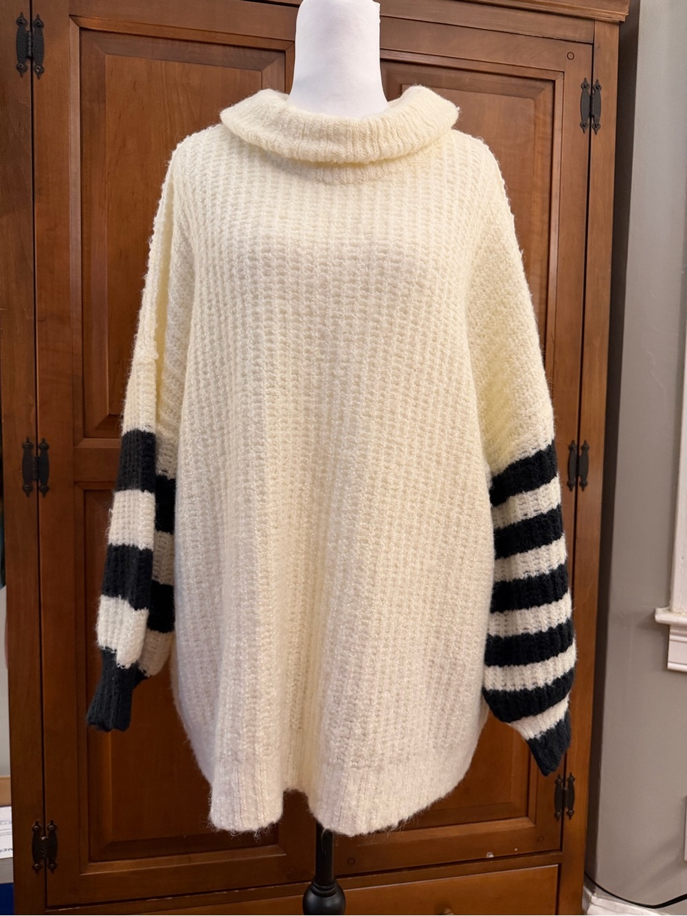 Urban Outfitters Cream Oversized Turtleneck Sweater with Black Striped Sleeves